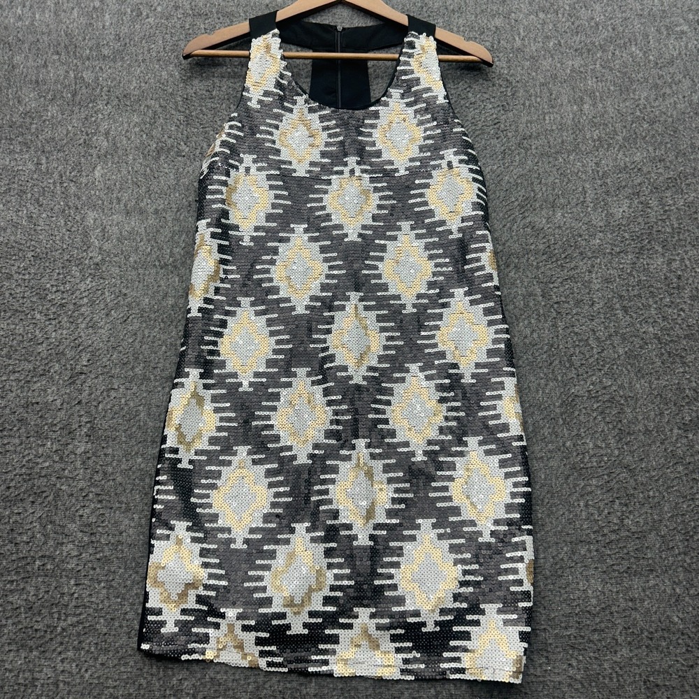 Skies Are Blue Sequin Shift Dress Womens Size S Black Gold Geometric Sleeveless